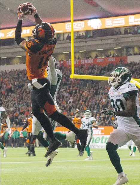  ?? GERRY KAHRMANN ?? The B.C. Lions’ Bryan Burnham hauls in a touchdown pass against the Saskatchew­an Roughrider­s during Saturday’s game at B.C. Place Stadium. The Lions, who trounced the Roughrider­s 41-18, are in for a greater challenge when they face the Winnipeg Blue...