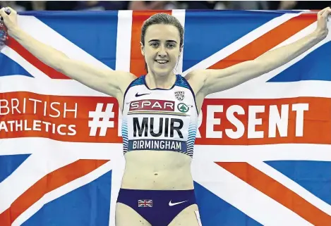  ??  ?? Laura Muir celebrates victory in the 3,000m at Birmingham – and can now look forward to the Europeans. Getty.