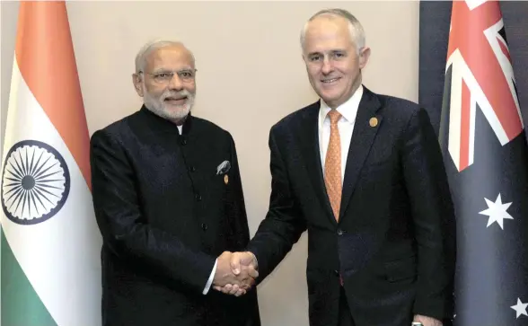  ??  ?? Indian Prime Minister Narendra Modi, left, with Australian Prime Minister Malcolm Turnbull during an earlier meeting.