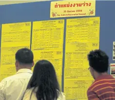  ?? PATTARACHA­I PREECHAPAN­ICH ?? Job hunters look for work at the Nonthaburi employment office. Thailand’s jobless rate is forecast to remain relatively high in the years ahead.