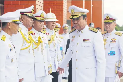  ?? APICHIT JINAKUL ?? Bold as brass Prime Minister and Defence Minister Prayut Chan-o-cha is greeted by top brass yesterday led by army chief Apirat Kongsompon­g, fourth left, as he joins the ceremony to commemorat­e 132 years since the Chulachomk­lao Royal Military Academy was establishe­d in Nakhon Nayok’s Muang district.