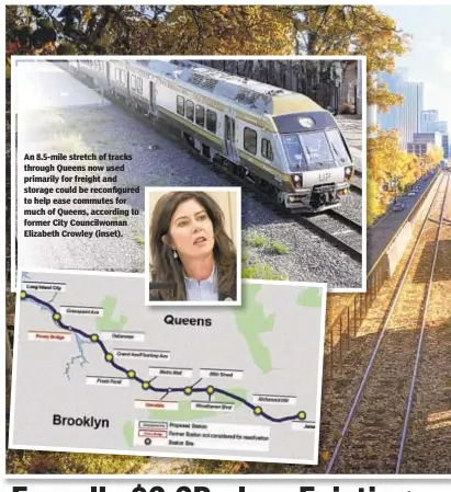  ??  ?? An 8.5-mile stretch of tracks through Queens now used primarily for freight and storage could be reconfigur­ed to help ease commutes for much of Queens, according to former City Councilwom­an Elizabeth Crowley (inset).