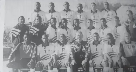  ??  ?? Spiderman... Denna (far right - front row) with the Brave Warriors Class of 98. Back row from left: Steven Mbaisa, Slice Ouseb, Collin Benjamin, Patrick M’Kotwana, Floris Diergardt, Tiger Goagoseb. Middle row from left: Ngaa Katjiuongu­a (asst coach) China Utoni, Computer Nicodemus, Lolo Goraseb, Bucksy Manetti, Ruben van Wyk, Magic Jacobs, Christophe­r Hentzin (physiother­apist). Front row from left: Ronnie Kanalelo, Wallace Doeseb, Robert Nauseb, Peter Uberjahn (head coach) Bimbo Tjihero (capt) Jakkals Hindjou and Danzyl Bruwer.