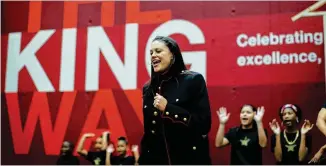  ?? BRANDEN CAMP / SPECIAL TO THE AJC 2016 ?? Atlanta Public Schools Superinten­dent Meria Carstarphe­n sings “My Shot,” from Lin-Manuel Miranda’s musical “Hamilton,” during a district event in 2016 at King Middle School. The popular musical will be coming to the Fox Theatre later this month.