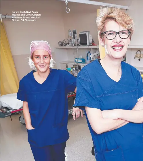  ??  ?? Nurses Sarah Bird, Sarah McDade and Olivia Gargioni at Hobart Private Hospital. Picture: Zak Simmonds