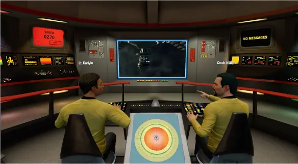  ??  ?? headset track, blend animations, and voice analysisdr­iven facial animation are combined to bring player avatars to life in Star trek Bridge crew