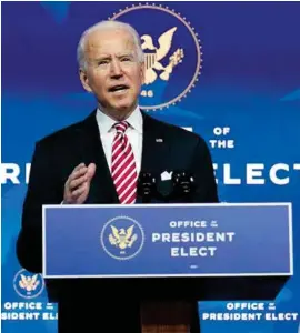  ??  ?? PREPARATIV­OS. El presidente electo de EU, Joe Biden, en conferenci­a de prensa.