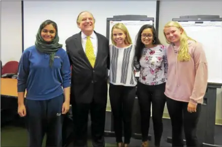  ?? SUBMITTED PHOTO ?? State Sen. Andy Dinniman, D-19, with the officers of the Chester County Student Forum. Pictured from left to right are: Safoora Saddiqui of Collegium Charter School, Dinniman, Victoria Wright of Phoenixvil­le Area High School, Sim Kaur of the...