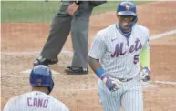  ?? AP ?? Yoenis Cespedes, playing his first game since the 2018 season, ripped a solo homer for the Mets as the DH.