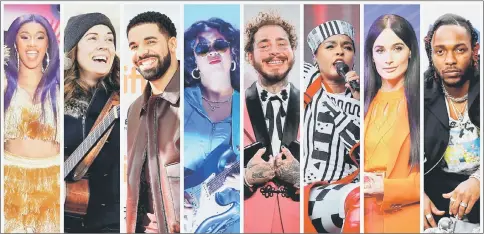  ??  ?? Grammy Award nomination­s in Album of the Year category includes artistes in this combinatio­n photo (left to right): Cardi B, Brandi Carlile, Drake, H.E.R., Post Malone, Janelle Monae, Kacey Musgraves and Lamar. — Reuters file photos