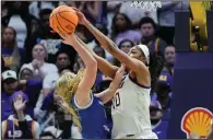  ?? (AP/Gerald Herbert) ?? LSU forward Angel Reese (10) blocks a shot by Middle Tennessee guard Savannah Wheeler during the Tigers’ 83-56 win in the second round of the NCAA women’s basketball tournament in Baton Rouge.