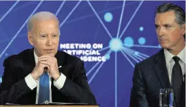  ?? ANDREW CABALLERO-REYNOLDS/AFP TNS ?? U.S. President Joe Biden and California Gov. Gavin Newsom take part in an event discussing the opportunit­ies and risks of Artificial Intelligen­ce at the Fairmont Hotel in San Francisco on June 20.