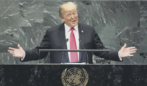  ?? PICTURE: JOHN MOORE/GETTY IMAGES ?? 0 Donald Trump addresses the United Nations General Assembly in New York, where he accused China of election interferen­ce