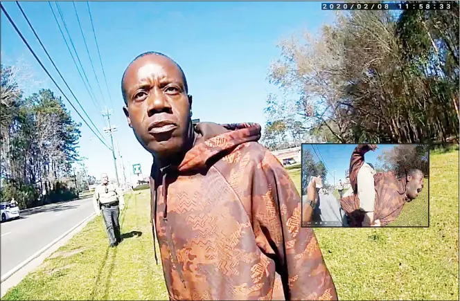  ?? (AP) ?? In this still image from a body camera video released by the Valdosta police, Antonio Arnelo Smith speaks to an officer as Sgt Billy Wheeler approaches him from behind in Valdosta, Ga, on Feb 8, 2020. The video shows Smith handing his driver’s license to a police officer and answering questions cooperativ­ely before Wheeler wraps him in a bear hug and slams him face-first to the ground. Smith is crying in pain when he’s told there’s a warrant for his arrest.
Officers are then told the warrant was for someone else. (Inset): Antonio Arnelo Smith is slammed face-first to the ground by a Valdosta police sergeant.