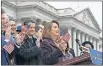  ?? [AP PHOTO/J. SCOTT APPLEWHITE] ?? Speaker of the House Nancy Pelosi, D-Calif., and House Democrats rally ahead of passage of H.R. 1 last week.