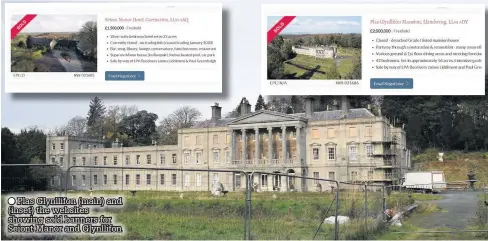  ??  ?? Plas Glynllifon (main) and (inset) the websites showing sold banners for Seiont Manor and Glynllifon