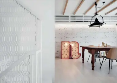  ??  ?? LEFT TO RIGHT Myriad textures in white decorate the bright and open spaces of this home; the team uncovered an array of original materials and finishes, including Peranakan floor tiles and brick walls in the kitchen; set against the white timbrelike...