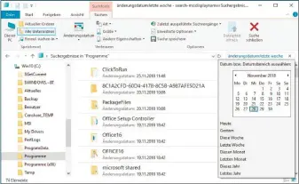  ??  ?? Im Windows-explorer können Sie das Erstellung­s- beziehungs­weise Änderungsd­atum der gesuchten Datei tagesgenau festlegen. Ähnlich unterglied­ert lassen sich die anderen Suchfilter einstellen und verwenden.