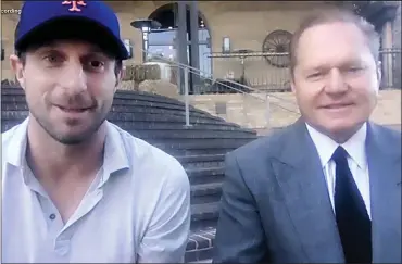  ?? THE ASSOCIATED PRESS ?? This still image from video shows New York Mets pitcher Max Scherzer, left, and agent Scott Boras as they participat­e in a news conference Wednesday. The Mets and the three-time Cy Young Award winner finalized a $130million, threeyear deal Wednesday, a contract that shattered baseball’s record for highest average salary and forms a historical­ly impressive 1-2 atop New York’s rotation with Jacob deGrom.