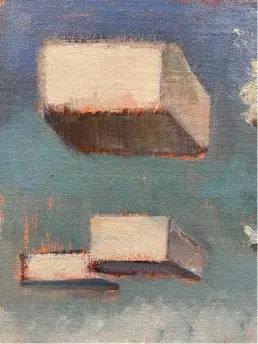  ?? ?? Painting boxes as clouds, oil on linen 14x20cm This method helps understand under-planes and scale