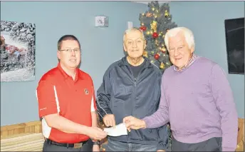  ?? SAM MACDONALD/THE NEWS ?? Brian MacIntosh, president of the New Glasgow Kinsmen Club, left, donates a cheque for $1,000 to Riverview Home resident Donald Morrison and volunteer associatio­n president Clarrie MacKinnon. The money will go toward recreation initiative­s for...