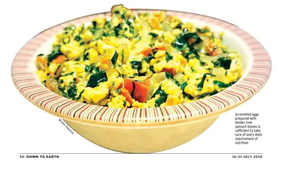  ??  ?? Scrambled eggs prepared with tender tree spinach leaves is sufficient to take care of one's daily requiremen­t of nutrition