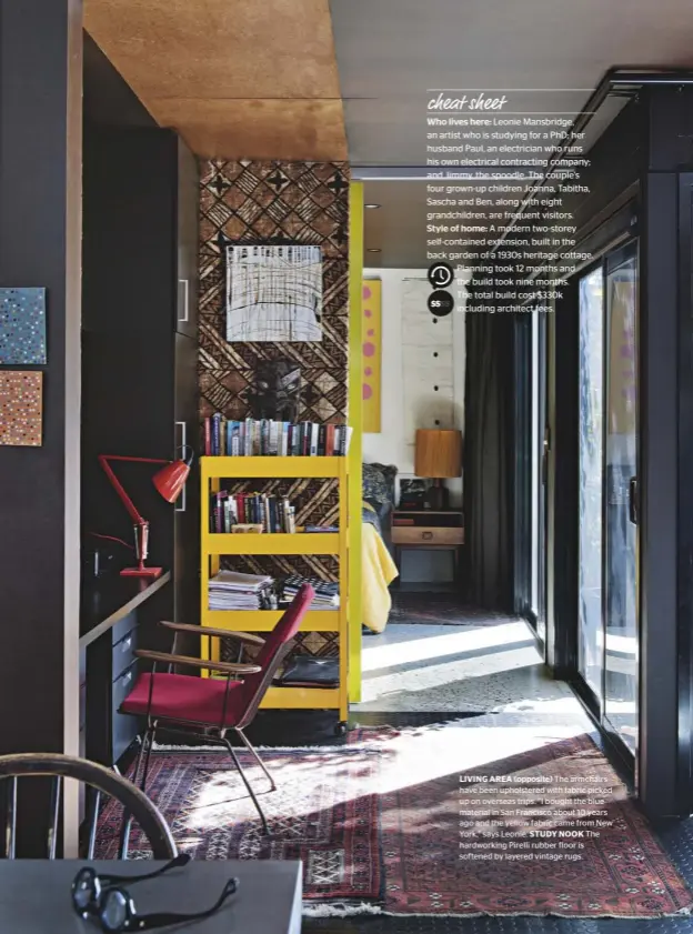  ??  ?? LIVING AREA (opposite) The armchairs have been upholstere­d with fabric picked up on overseas trips. “I bought the blue material in San Francisco about 10 years ago and the yellow fabric came from New York,” says Leonie. STUDY NOOK The hardworkin­g...