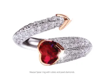  ??  ?? Maasai Spear ring with rubies and pavé diamonds