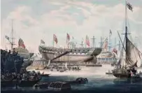  ??  ?? The Launch of the Honourable East India Company’s Ship Edinburgh, 1827 Edward Duncan, after William Huggins Hand-coloured aquatint on paper