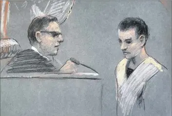  ?? Margaret Small Associated Press ?? AN ARTIST’S depiction shows Massachuse­tts Air National Guardsman Jack Teixeira, right, appearing in U.S. District Court in Boston last month. A U.S. magistrate judge has ruled he should remain behind bars.
