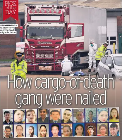  ?? ?? STUNNED Police examine lorry carrying dead migrants, below