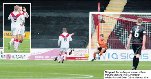  ??  ?? Stopped Rohan Ferguson saves a Ryan McCord shot and (inset) Andy Ryan celebratin­g with Dean Cairns after equaliser