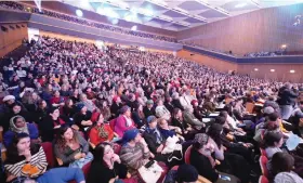  ?? (Photos: Morag Bittan) ?? NO LONGER is Gemara study just for men: A sea of women celebrate the Siyum Hashas at the Jerusalem Internatio­nal Convention Center in early January.