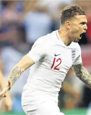  ??  ?? Ramsbottom’s England World Cup hero Kieran Trippier celebrates after goal in the semi-final against Croatia in the Luzhniki Stadium in Moscow