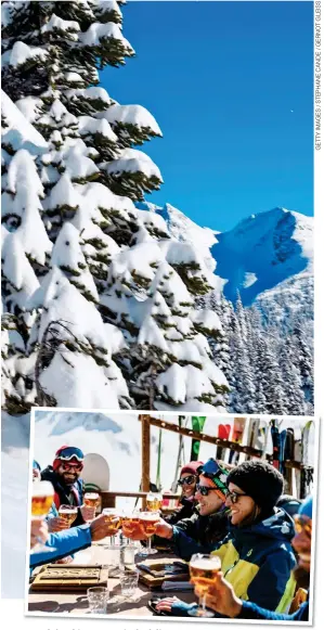  ??  ?? LIFE ON THE EDGE: A skier makes the most of the pristine conditions, top. Above: Enjoying a lunchtime beer at a mountainsi­de restaurant