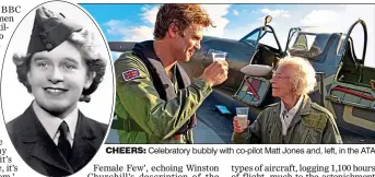  ??  ?? CHEERS: Celebrator­y bubbly with co-pilot Matt Jones and, left, in the ATA