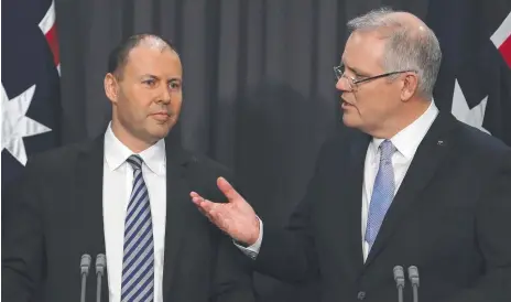  ??  ?? Josh Frydenberg and Scott Morrison during their press conference at Parliament House on Friday.