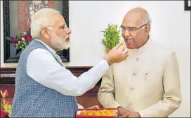  ?? PTI FILE ?? Prime Minister Narendra Modi with Presidente­lect Ram Nath Kovind after the presidenti­al polls in New Delhi on Thursday.