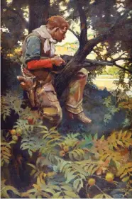  ??  ?? Frank E. Schoonover (1877-1972), Holding the Claim, 1906, oil on canvas, 36 x 24”. Mulford, Clarence Edward. “Bar-20 Range Yarns Viiiroping a Rustler.” Outing Magazine, May 1907: 175. “He swung his rifle out over a forked limb and let it settle in the crotch.” Private collection.