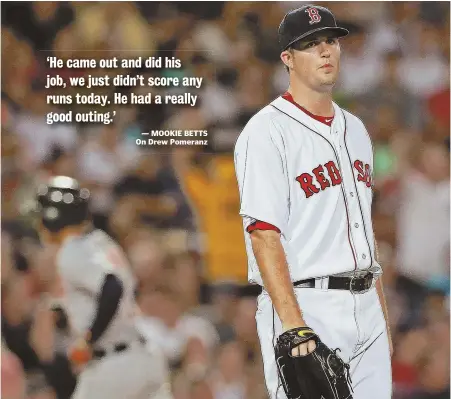  ?? sTaff phoTo by MaTT wesT ?? GONER: Starter Drew Pomeranz reacts after giving up a two-run homer to Detroit’s Jose Iglesias during the sixth inning of last night’s game at Fenway.