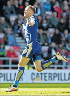  ?? Picture: REUTERS ?? HERO: Jamie Vardy celebrates his second goal for Leicester against Sunderland yesterday.
