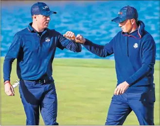  ?? ?? Justin Thomas and Jordan Spieth saw off Europe’s Viktor Hovland and Bernd Wiesberger in yesterday’s Foursomes