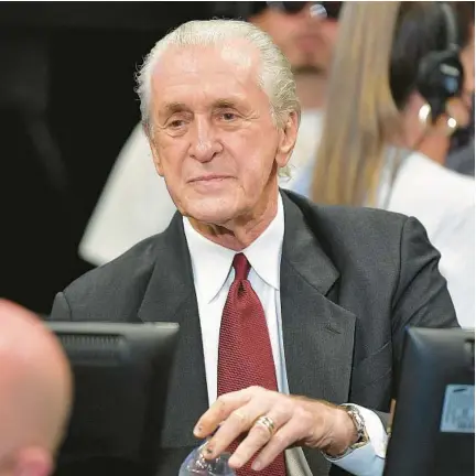  ?? MICHAEL LAUGHLIN/SUN SENTINEL ?? Heat coach Erik Spoelstra says Heat President Pat Riley, shown here, is beyond needing awards for front-office validation.