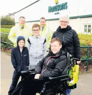  ??  ?? Perfect pathway Thomas and Catherine with neighbours Tyler, 9, and Thomas McCafferty, 10, Morrisons Lindsayfie­ld store manager Peter Kennedy, left, and duty manager Alastair Clark