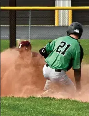  ?? PILOT PHOTO/RON HARAMIA ?? Somewhere in the dust is a base and and ball. Bremen’s AJ Ton (21) was called out on this play trying to stretch his hit into a double.