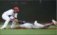  ?? NICK WASS - THE ASSOCIATED PRESS ?? New York Mets’ Jose Reyes, right, is out trying to steal second against Washington Nationals shortstop Adrian Sanchez, left, during the third inning of a baseball game, Monday, July 3, 2017, in Washington.