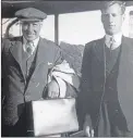  ??  ?? Sandy, right, in 1950 with head shepherd and mentor Jim Wilson, getting the ferry to the Royal Highland Show