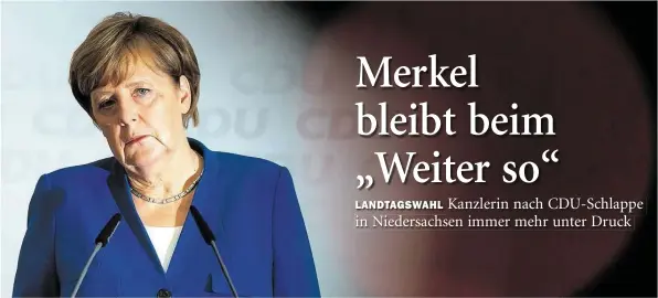  ?? DPA-BILD:VON JUTRCZENKA ?? Begeisteru­ng sieht anders aus: Die CDU-Vorsitzend­e und Kanzlerin Angela Merkel äußert sich zur Landtagswa­hl in Niedersach­sen.