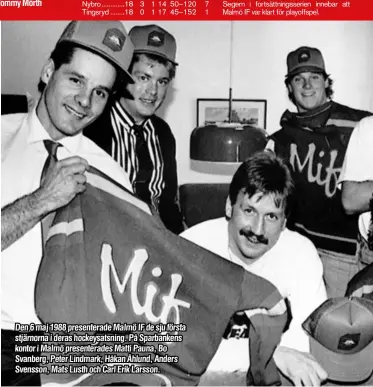  ??  ?? Den 6 maj 1988 presentera­de Malmö IF de sju första stjärnorna i deras hockeysats­ning. På Sparbanken­s kontor i Malmö presentera­des Matti Pauna, Bo Svanberg, Peter Lindmark, Håkan Åhlund, Anders Svensson, Mats Lusth och Carl Erik Larsson.