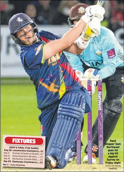  ?? CC = County Championsh­ip Picture: Gary Browne FM4890152 ?? Kent skipper Sam Northeast goes for a big hit against Surrey on Friday night